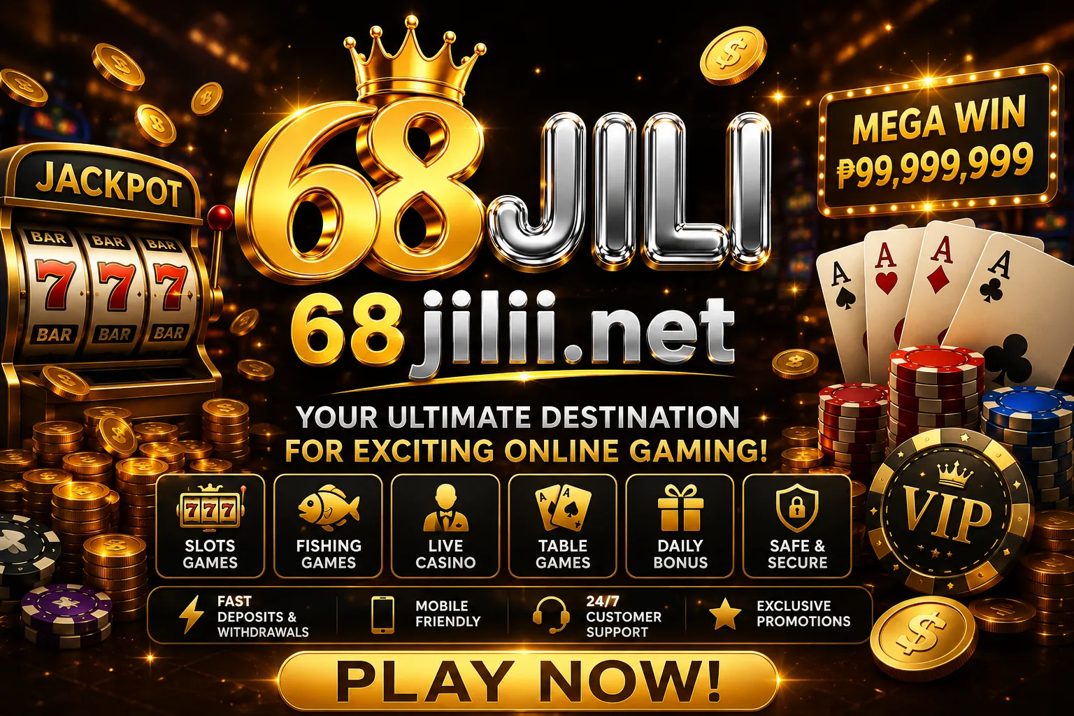 68 jili Luxurious gold gaming promotion banner
